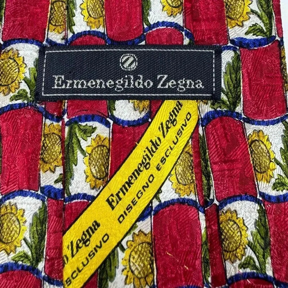 Ermenegildo Zegna Red Blue Gold Sunflowers Abstract 100% Silk Neck Tie Italy 59” - Picture 4 of 11